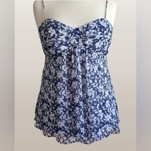 American Eagle Y2K Babydoll Strappy Blue Floral Tank Top L Bow Tie Back Coquette